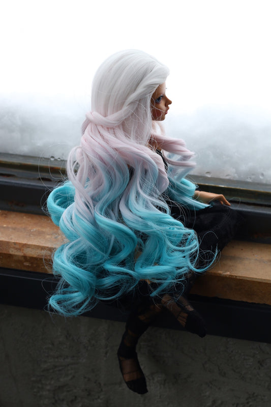 BJD Wig – Ash Gray to Teal Gradient | Cap: 7–8 inch