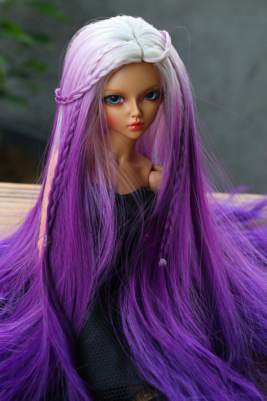 BJD Wig – Ash Gray to Purple Gradient | Cap 7–8 inch