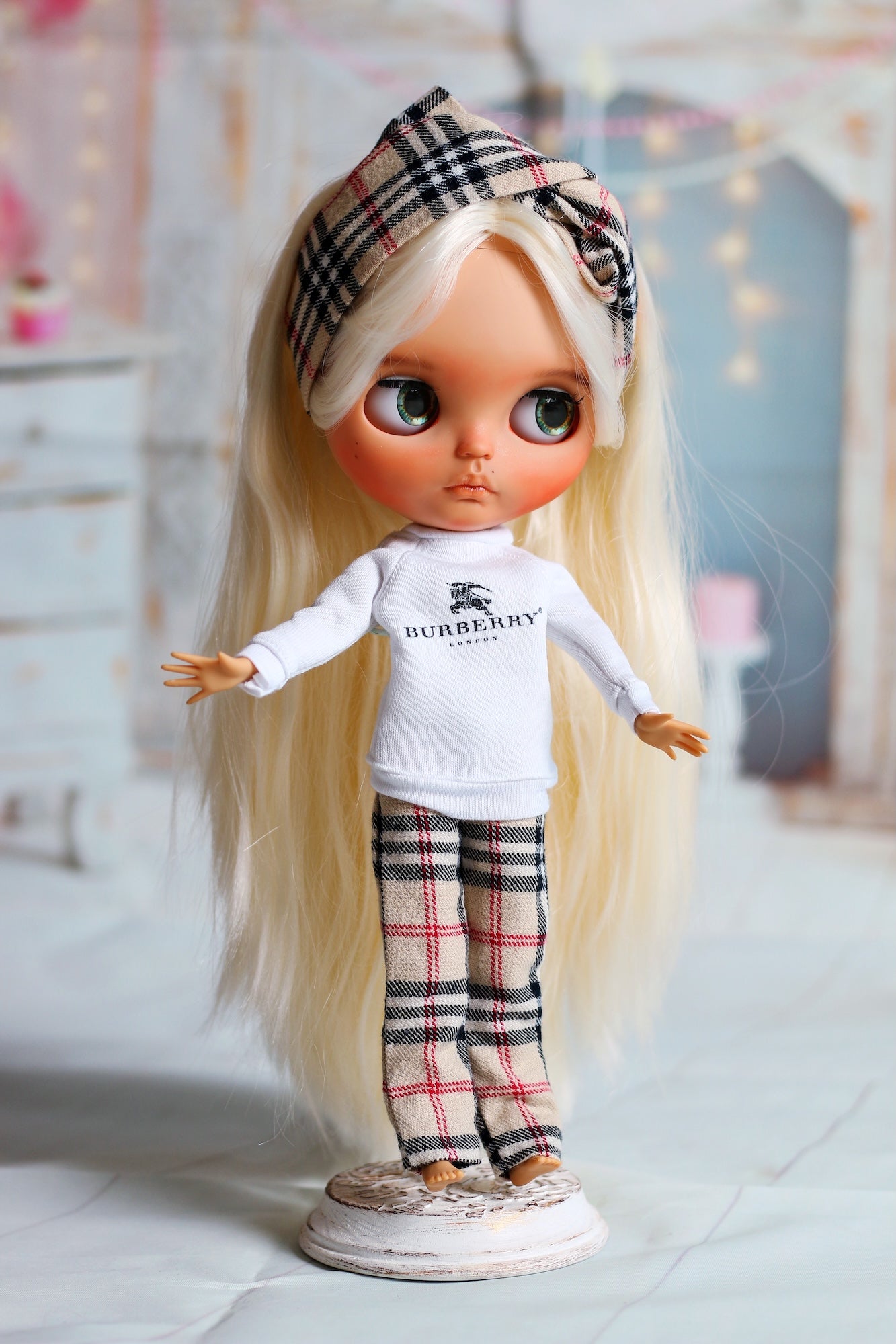Blythe Plaid Lounge Outfit Set – 1:6 Doll Clothes with Headband