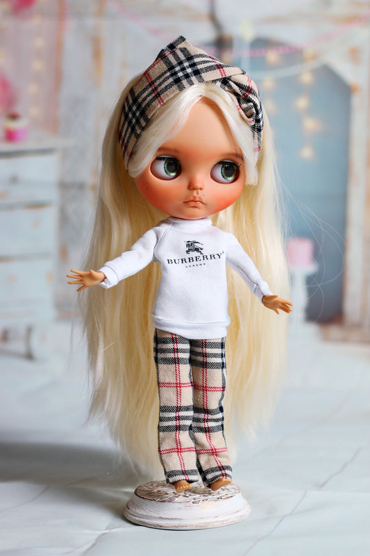 Blythe Plaid Lounge Outfit Set – 1:6 Doll Clothes with Headband