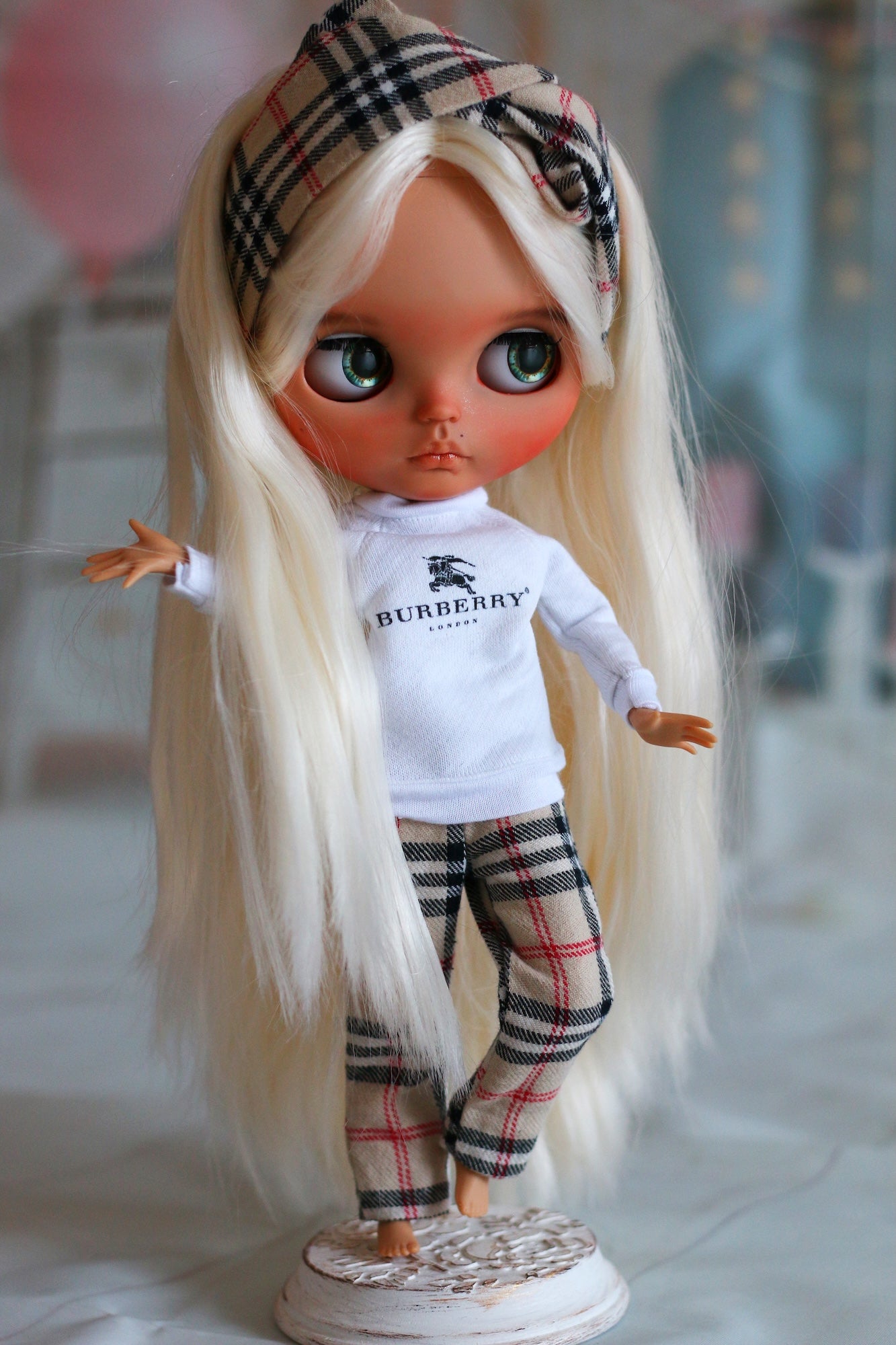 Blythe Plaid Lounge Outfit Set – 1:6 Doll Clothes with Headband