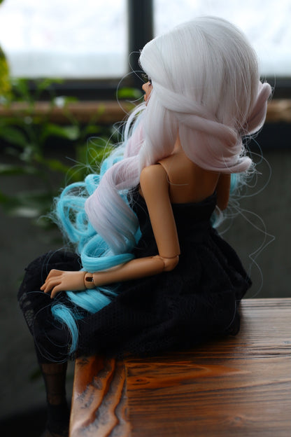 BJD Wig – Ash Gray to Teal Gradient  | Cap: 7–8 inch