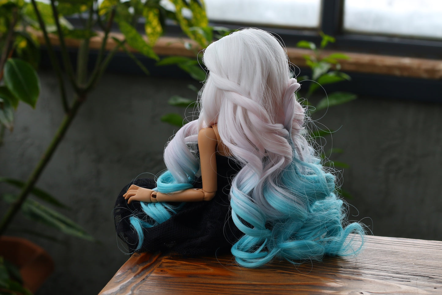 BJD Wig – Ash Gray to Teal Gradient  | Cap: 7–8 inch