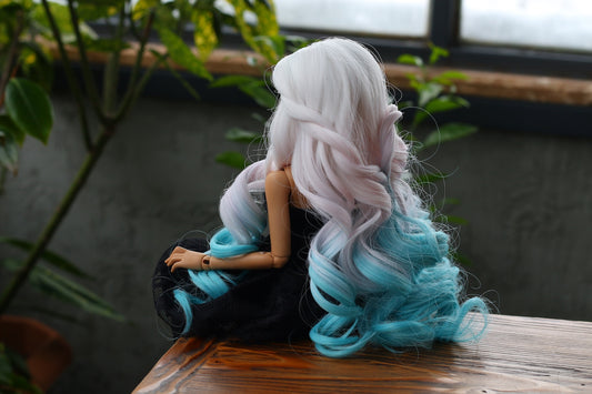 BJD Wig – Ash Gray to Teal Gradient  | Cap: 7–8 inch