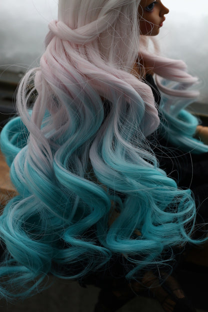 BJD Wig – Ash Gray to Teal Gradient  | Cap: 7–8 inch