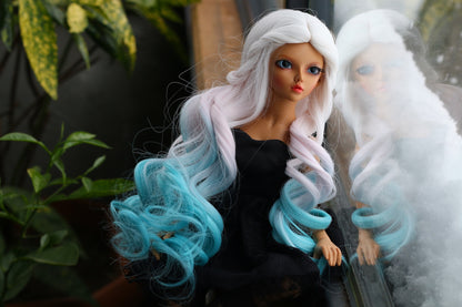 BJD Wig – Ash Gray to Teal Gradient  | Cap: 7–8 inch