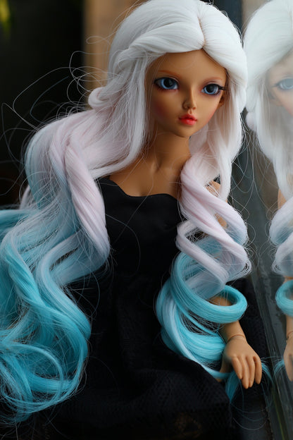 BJD Wig – Ash Gray to Teal Gradient  | Cap: 7–8 inch