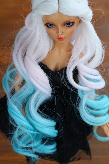 BJD Wig – Ash Gray to Teal Gradient  | Cap: 7–8 inch
