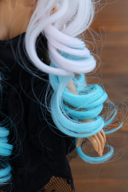 BJD Wig – Ash Gray to Teal Gradient  | Cap: 7–8 inch