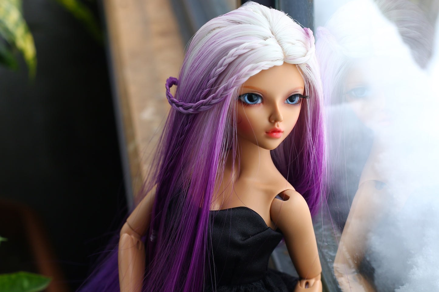 BJD Wig – Ash Gray to Purple Gradient | Cap 7–8 inch