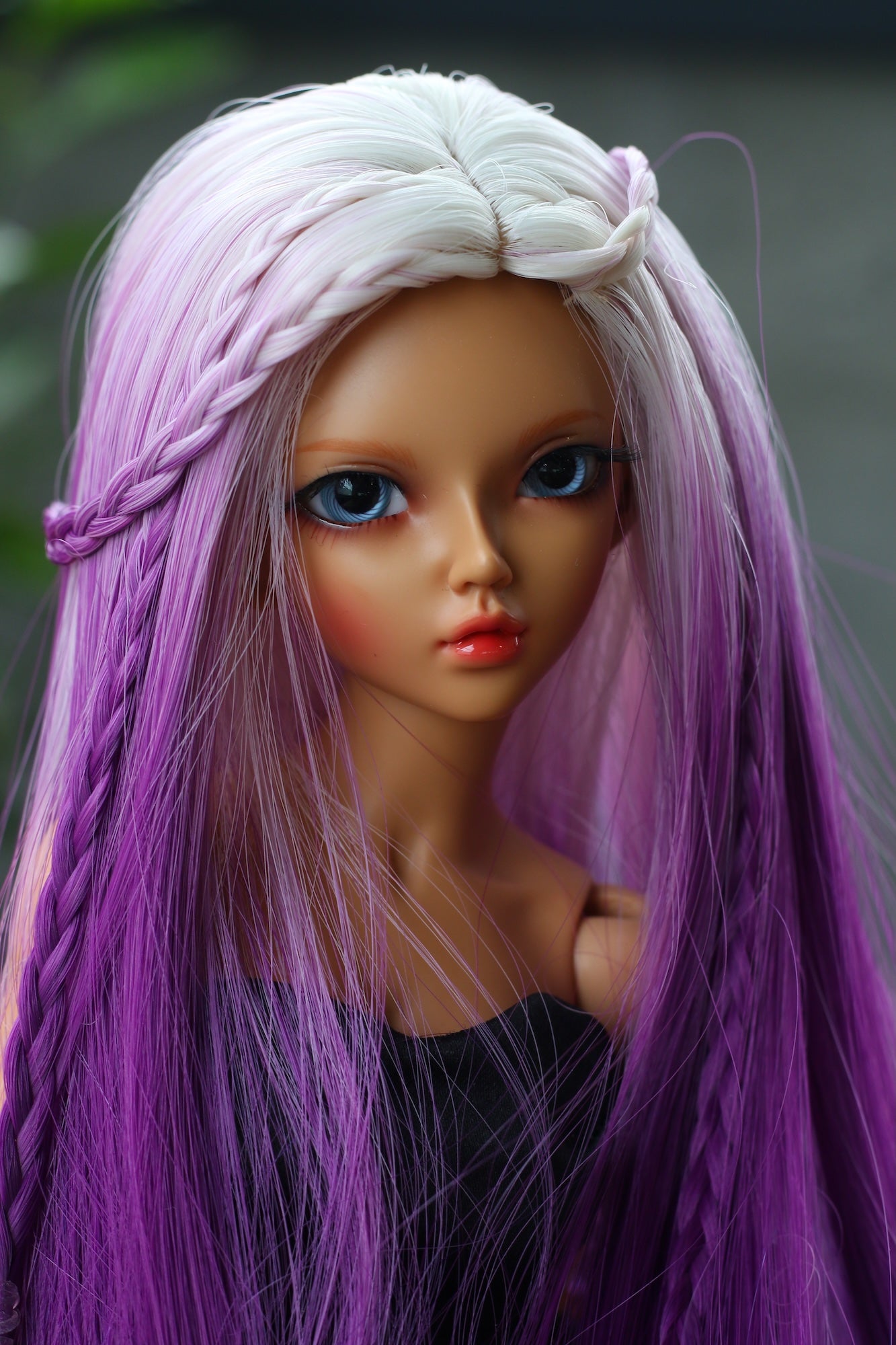 BJD Wig – Ash Gray to Purple Gradient | Cap 7–8 inch