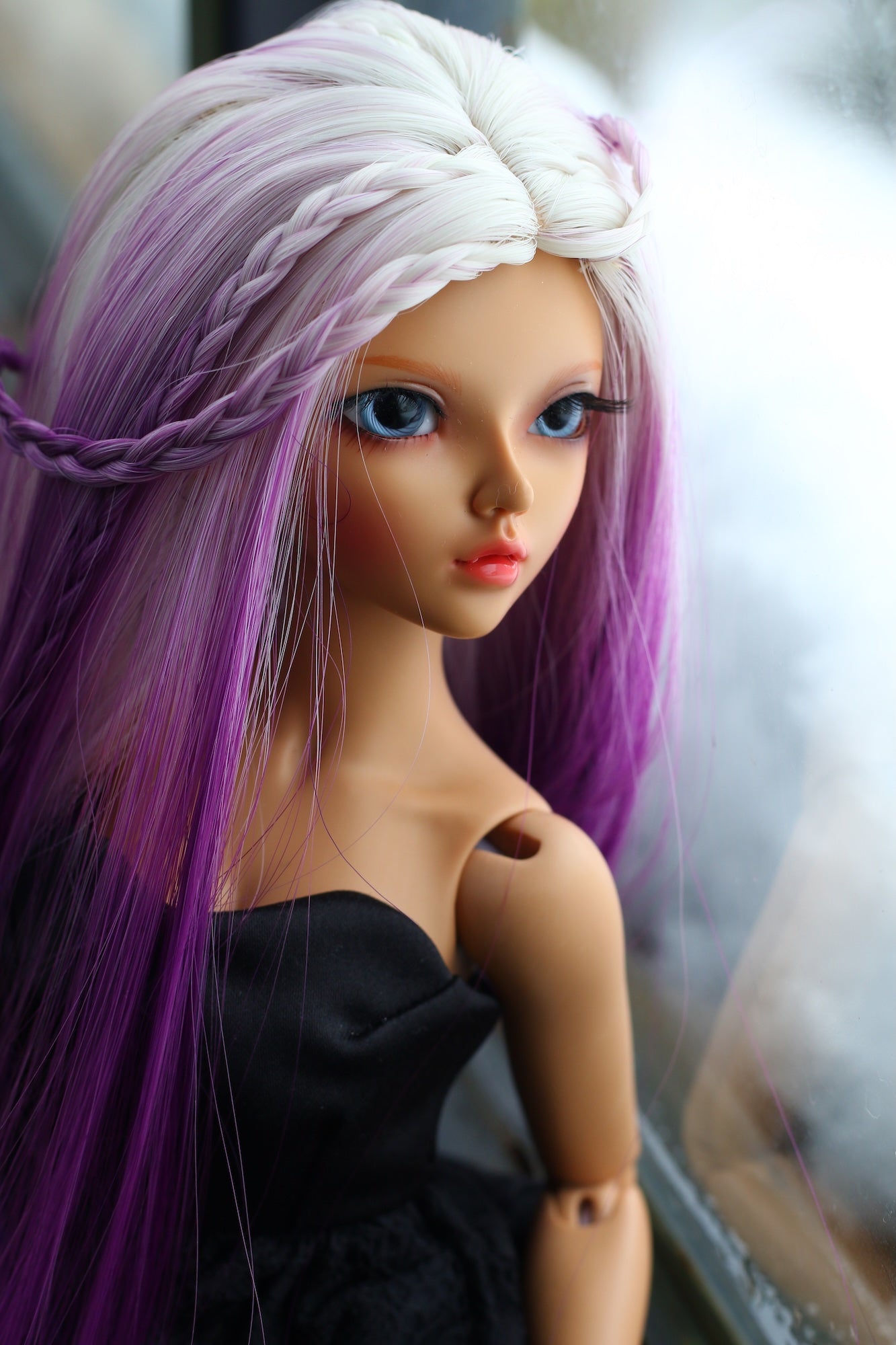 BJD Wig – Ash Gray to Purple Gradient | Cap 7–8 inch