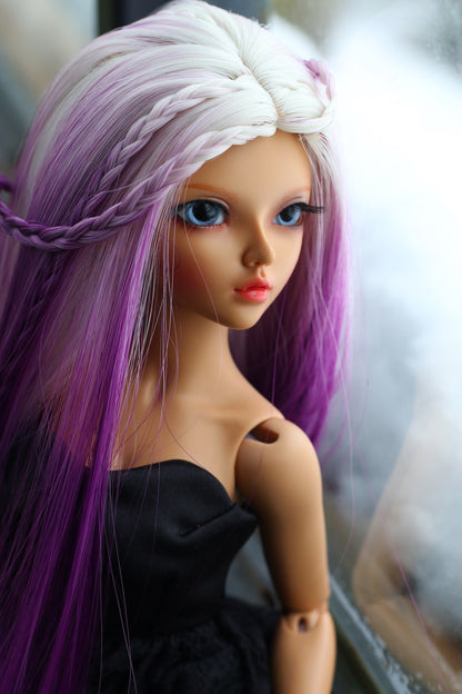 BJD Wig – Ash Gray to Purple Gradient | Cap 7–8 inch