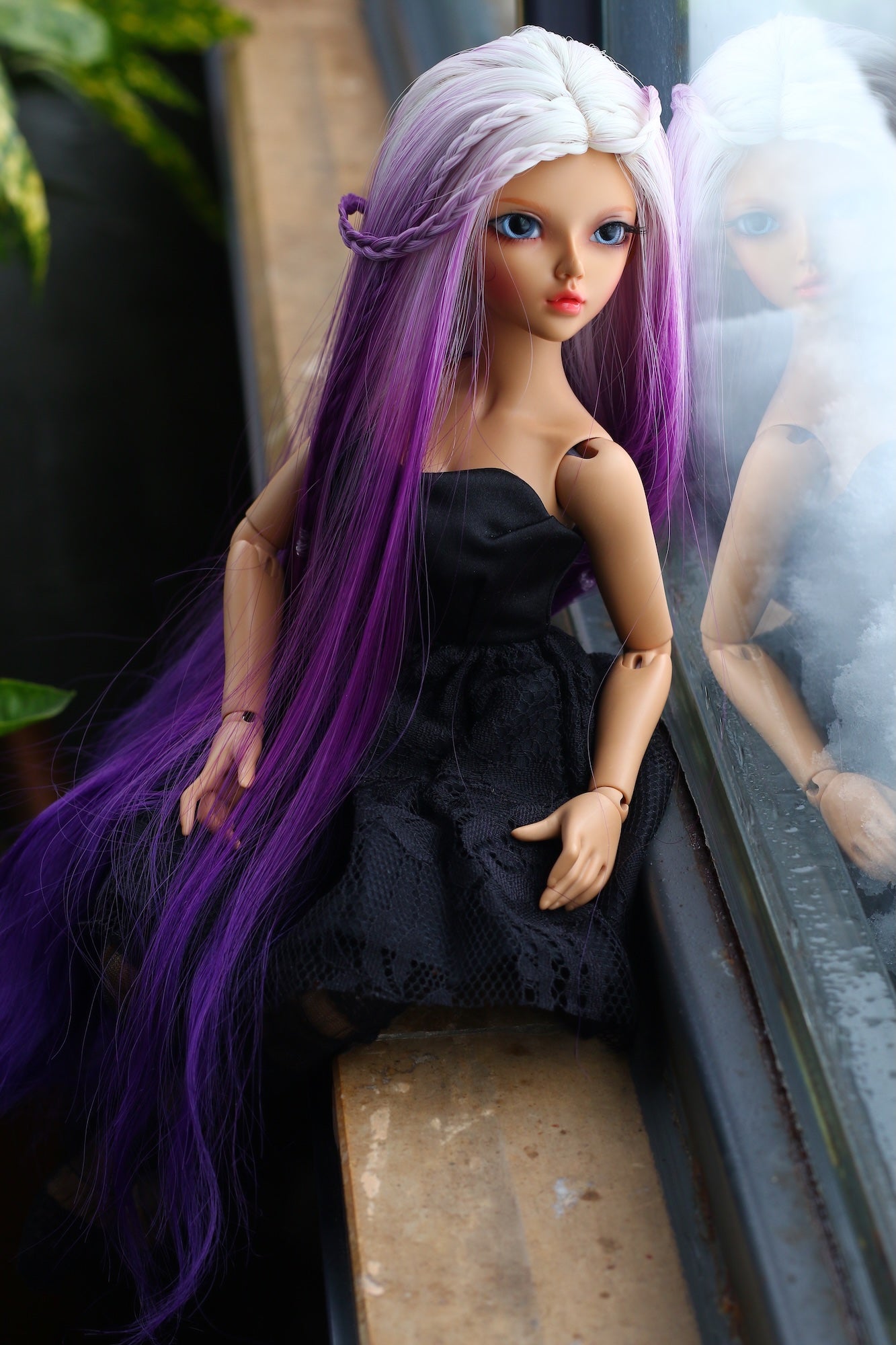 BJD Wig – Ash Gray to Purple Gradient | Cap 7–8 inch