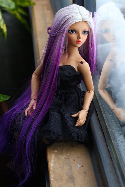 BJD Wig – Ash Gray to Purple Gradient | Cap 7–8 inch