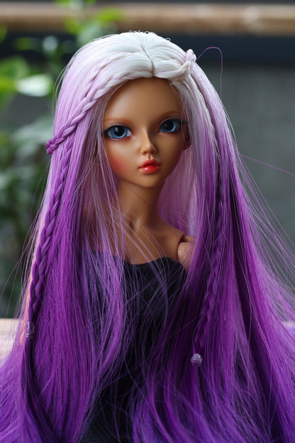 BJD Wig – Ash Gray to Purple Gradient | Cap 7–8 inch