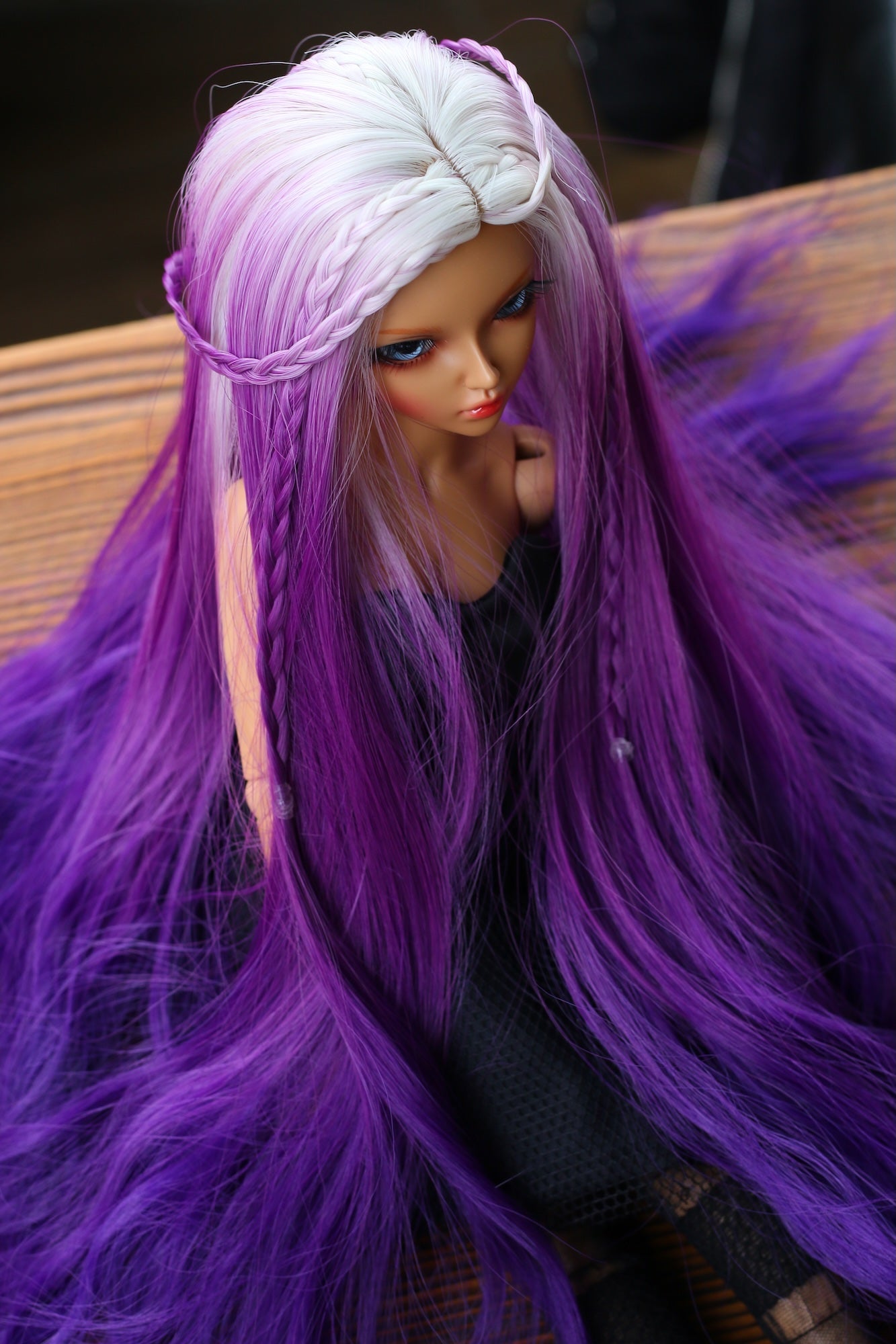 BJD Wig – Ash Gray to Purple Gradient | Cap 7–8 inch