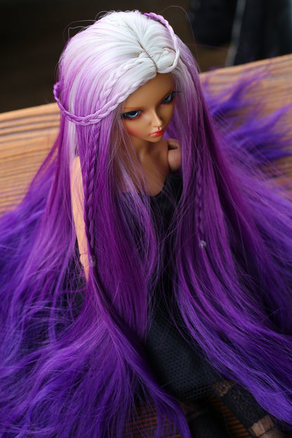 BJD Wig – Ash Gray to Purple Gradient | Cap 7–8 inch