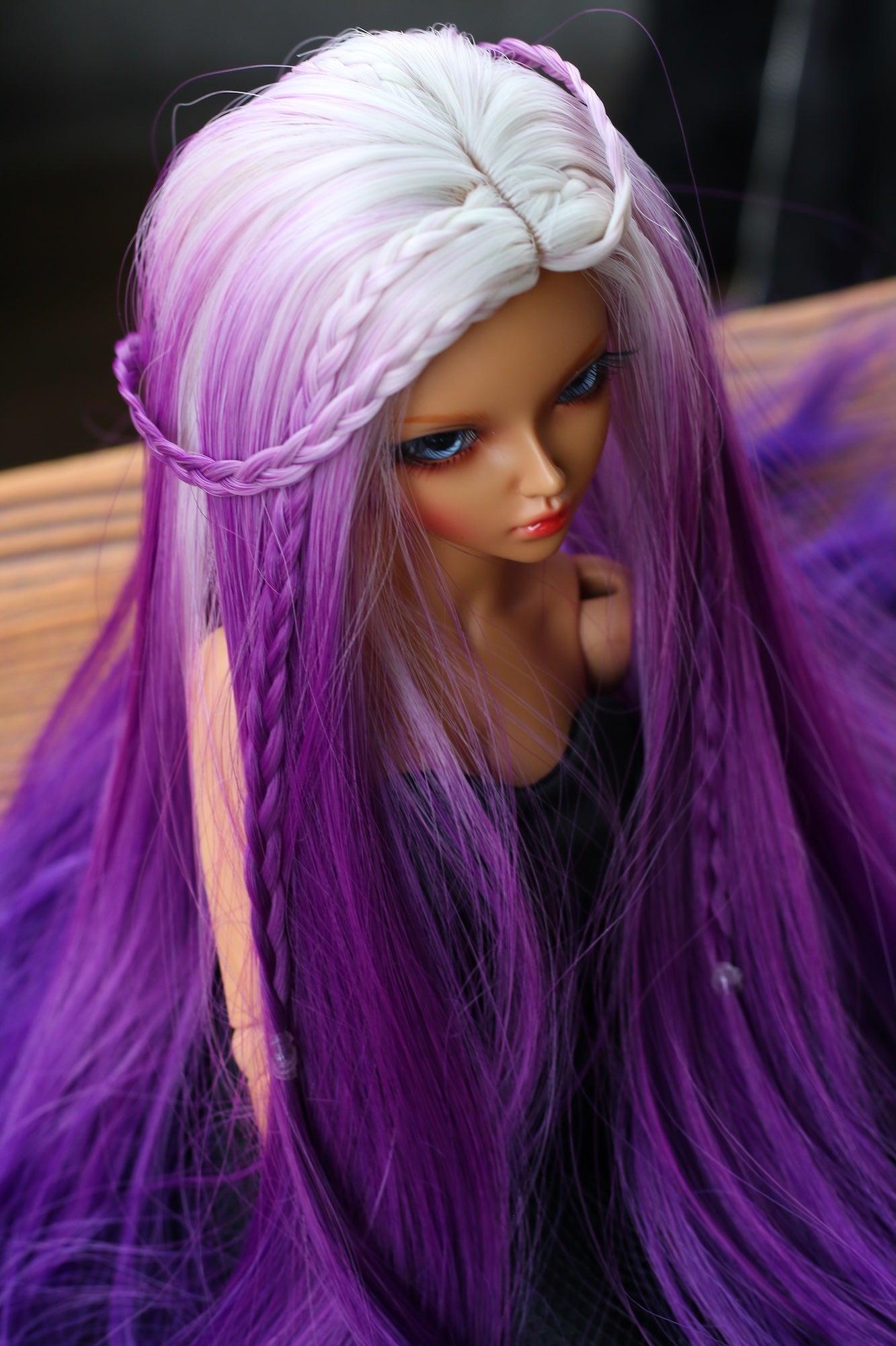 BJD Wig – Ash Gray to Purple Gradient | Cap 7–8 inch